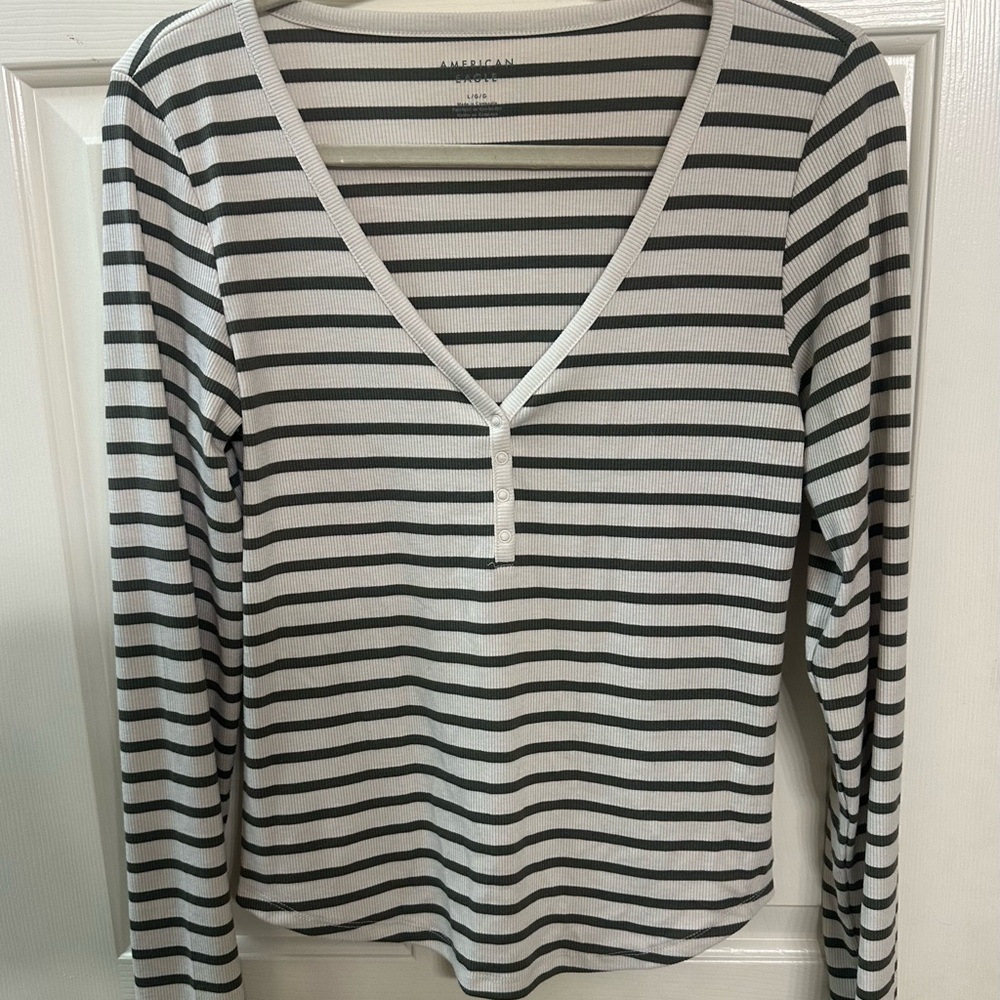 American Eagle Outfitters Olive and White Striped Henley